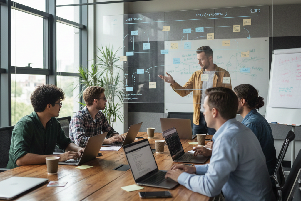 siete estrategias clave para el éxito en el desarrollo de software, incluyendo metodologías ágiles, inteligencia artificial, DevOps, desarrollo en la nube, experiencia del usuario, seguridad y una cultura de innovación.